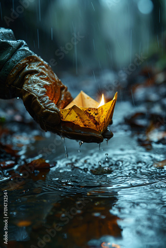 rain-soaked drain with a mysterious gloved hand emerging from the darkness, clutching a paper boat