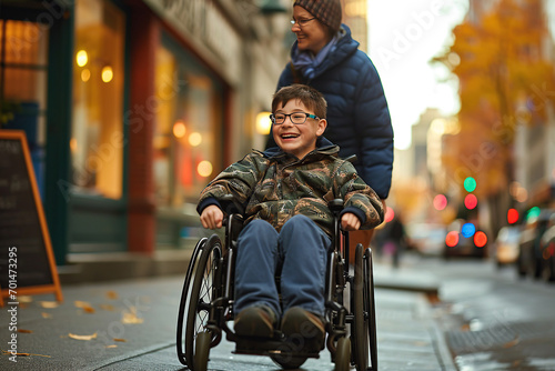 Teenage boy in wheelchair smiling looking at camera