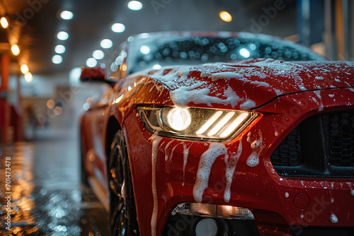 A worker washes a bright sports car with a sponge at a car wash. Car wash. A woman holds a sponge in her hand and washes a car. Cleaning a car using high pressure water. © ValNik Creations