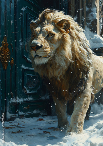 proud magical lion walks through the wardrobe doors leading to a cold magical land photo