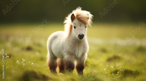A miniature horse with soft tones in a green field  highlighting the texture of its coat generative ai