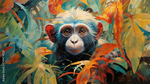 illustration of a monkey with tropical tones in a lush jungle, emphasizing the curiosity in its eyes. generative ai
