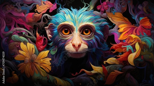illustration of a monkey with tropical tones in a lush jungle, emphasizing the curiosity in its eyes. generative ai