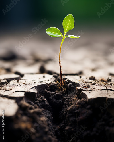 Visualize a seedling, a young plant, sprouting from a crack in a boulder or concrete ground. photo