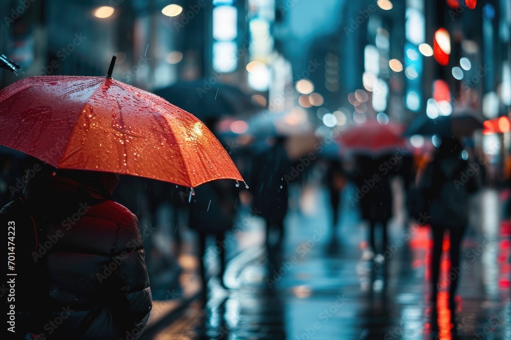 Rainy Urban Hustle: A Busy City Street Sees an Anonymous Crowd of People Walking on a Rainy Day, Umbrellas and Blurred Motion Signifying Urban Commotion.

