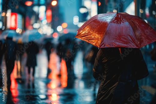 Rainy Urban Hustle: A Busy City Street Sees an Anonymous Crowd of People Walking on a Rainy Day, Umbrellas and Blurred Motion Signifying Urban Commotion.
