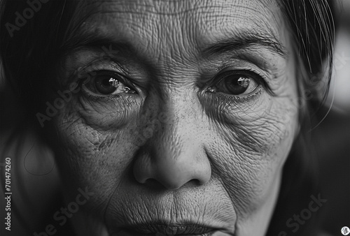 Portrait of an elderly woman. Black and white. Close-up.