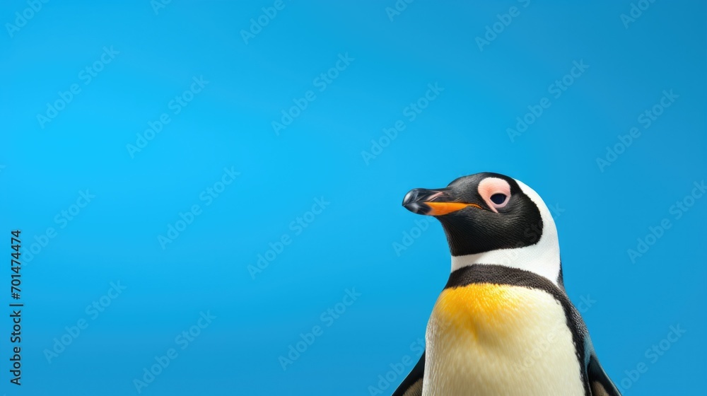 Naklejka premium A small penguin with striking colors against an intense blue backdrop generative ai