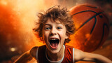 Joyful boy holding a basketball focused on the net