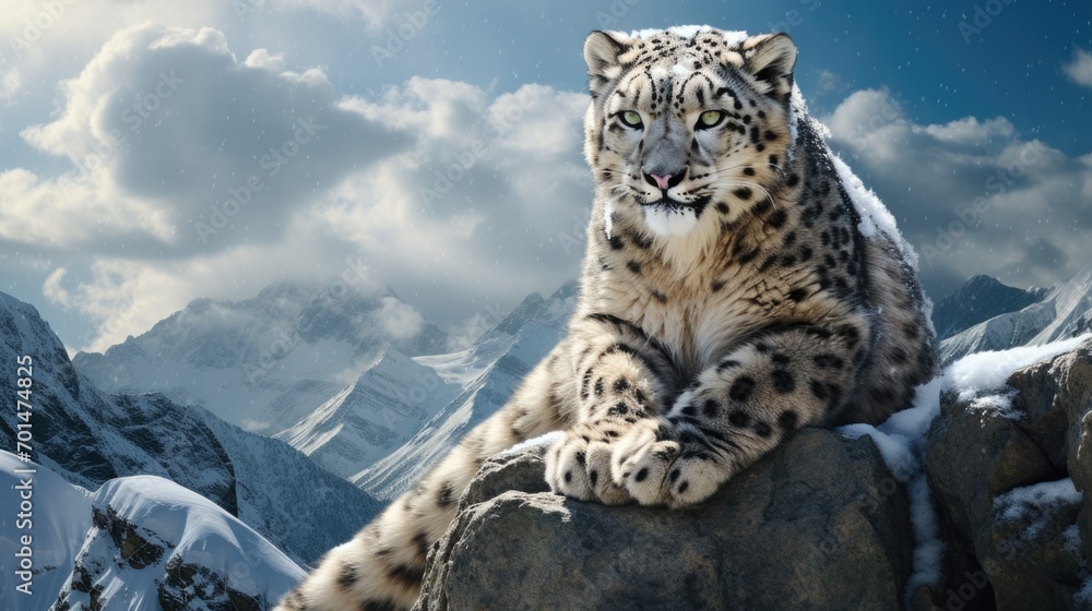 Fototapeta premium A snow leopard with fluffy fur in a mountainous landscape, capturing its elegance generative ai