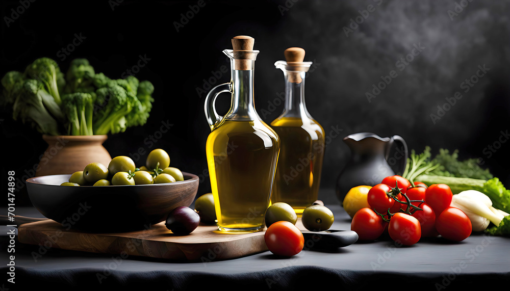 Light culinary background with kitchen board, vegetables and olive oil in a bottle. Blank space for menu or recipe, Light culinary background with kitchen board, vegetables and olive oil in a bottle. Blank space for menu or recipe,