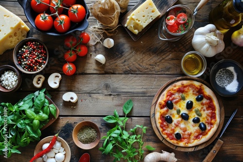 Artfully Arranged Pizza Ingredients Flat Lay on a Wooden Background. A Delicious Pizza Takes Up Half of the Wooden Table  While the Other Half Offers an Empty Space for Text  Copy Space for Promotions