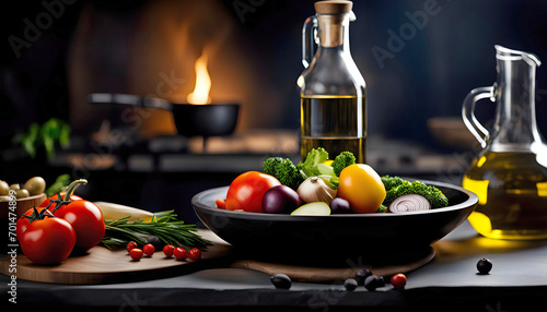 Light culinary background with kitchen board, vegetables and olive oil in a bottle. Blank space for menu or recipe,