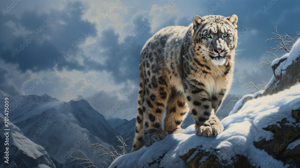 A snow leopard with fluffy fur in a mountainous landscape, capturing its elegance generative ai A snow leopard with fluffy fur in a mountainous landscape, capturing its elegance generative ai