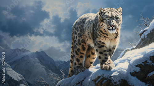 A snow leopard with fluffy fur in a mountainous landscape, capturing its elegance generative ai © Francheska