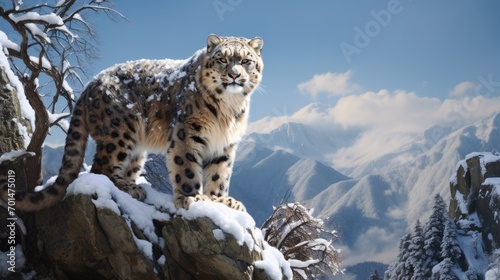A snow leopard with fluffy fur in a mountainous landscape, capturing its elegance generative ai