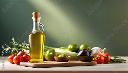 Light culinary background with kitchen board  vegetables and olive oil in a bottle. Blank space for menu or recipe 