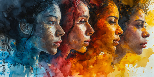 Watercolor representation of diverse women celebrating International Women's Day with vibrant splashes photo