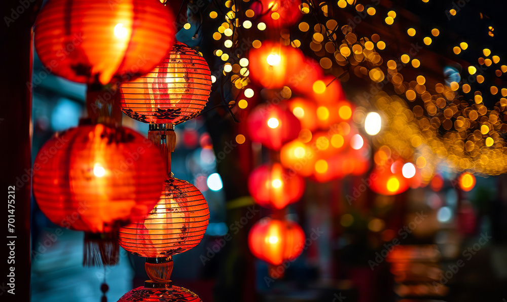 Festive red lanterns hanging with glowing golden bokeh, celebrating traditional Chinese festival ambiance Festive red lanterns hanging with glowing golden bokeh, celebrating traditional Chinese festival ambiance