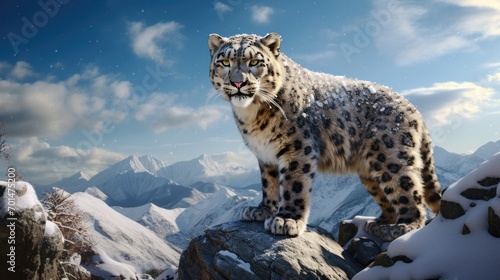 A snow leopard with fluffy fur in a mountainous landscape, capturing its elegance generative ai