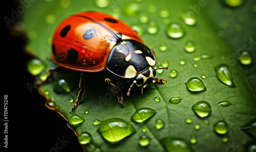 Ladybug on a green leaf with dew drops, a symbol of good luck and the beauty of nature's details
