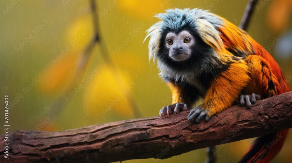 Fototapeta premium A tamarin monkey with vibrant colors on a jungle branch, emphasizing its small size and agility generative ai