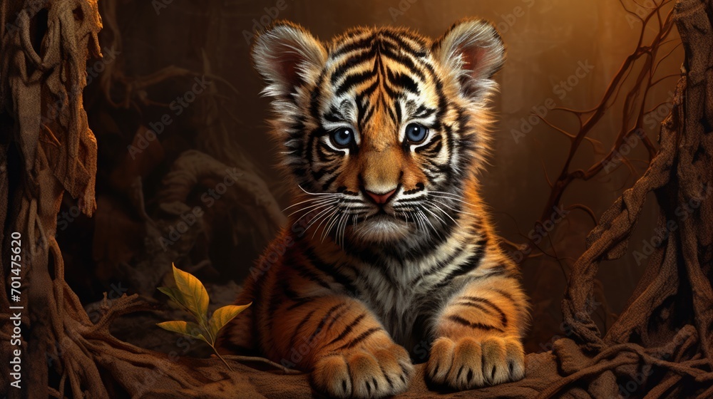 A tiger cub with realistic stripe details on a warm and cozy background generative ai A tiger cub with realistic stripe details on a warm and cozy background generative ai