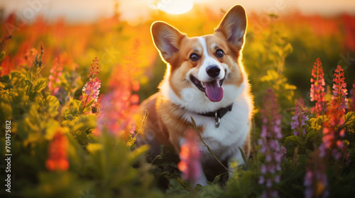 A tricolor corgi in a field of flowers, displaying its energy and charm generative ai