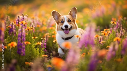 A tricolor corgi in a field of flowers, displaying its energy and charm generative ai