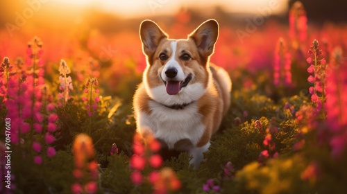 A tricolor corgi in a field of flowers, displaying its energy and charm generative ai © Francheska