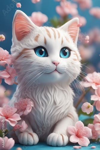 Fluffy white cat among soft pink cherry blossoms © miriam artgraphy