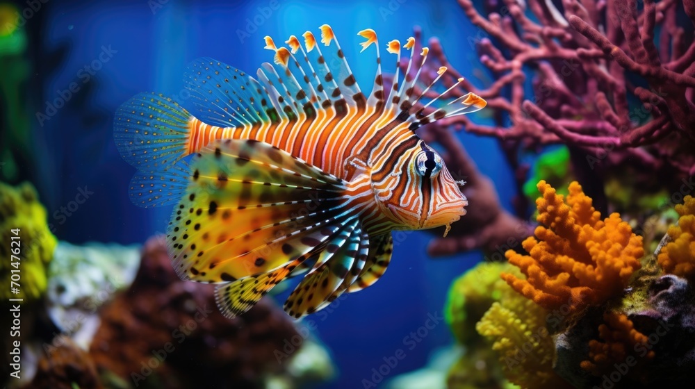A tropical fish with shiny scales in a coral reef, highlighting the diverse colors underwater generative ai A tropical fish with shiny scales in a coral reef, highlighting the diverse colors underwater generative ai