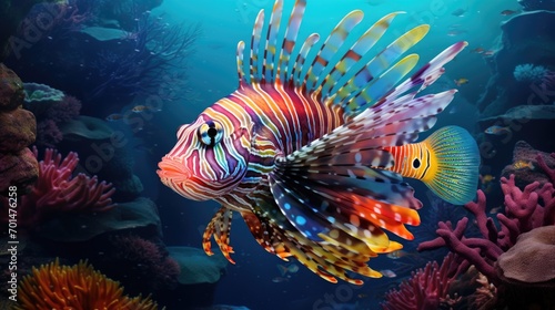 A tropical fish with shiny scales in a coral reef  highlighting the diverse colors underwater generative ai