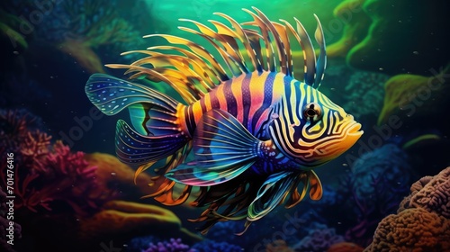 A tropical fish with shiny scales in a coral reef, highlighting the diverse colors underwater generative ai © Francheska