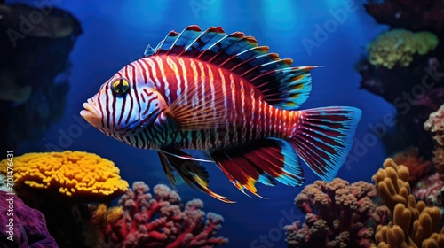 A tropical fish with shiny scales in a coral reef  highlighting the diverse colors underwater generative ai
