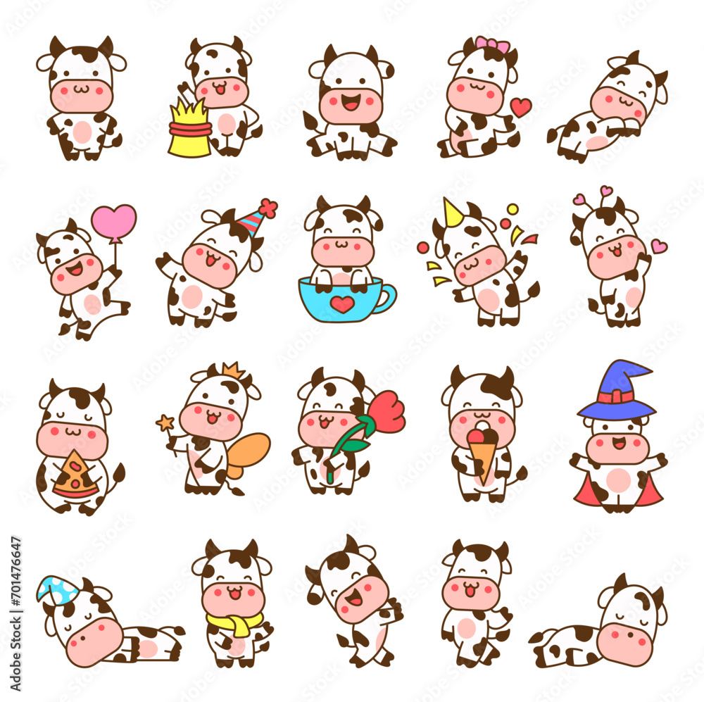 Beautiful cow cartoon character. Cute kawaii farm animal. Hand drawn style. Vector drawing. Collection of design elements. Beautiful cow cartoon character. Cute kawaii farm animal. Hand drawn style. Vector drawing. Collection of design elements.