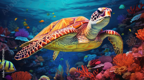 A turtle with a multicolored shell in a marine environment, highlighting the serene slowness of these animals generative ai photo