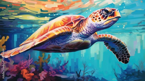 A turtle with a multicolored shell in a marine environment, highlighting the serene slowness of these animals generative ai