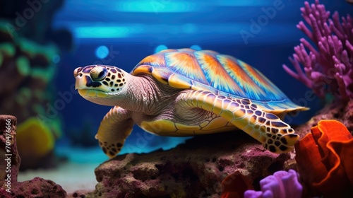 A turtle with a multicolored shell in a marine environment, highlighting the serene slowness of these animals generative ai