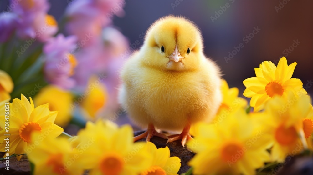 A yellow chick surrounded by vibrant flowers, highlighting the sweetness of its feathers generative ai