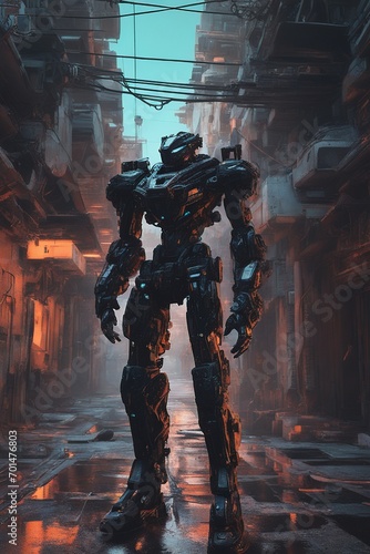 Lone robot stands in a desolate futuristic alleyway