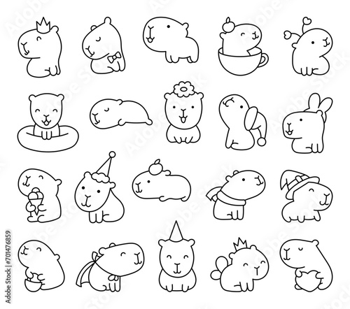 Cute cartoon kawaii capybara. Coloring Page. Animal funny characters. Hand drawn style. Vector drawing. Collection of design elements.
