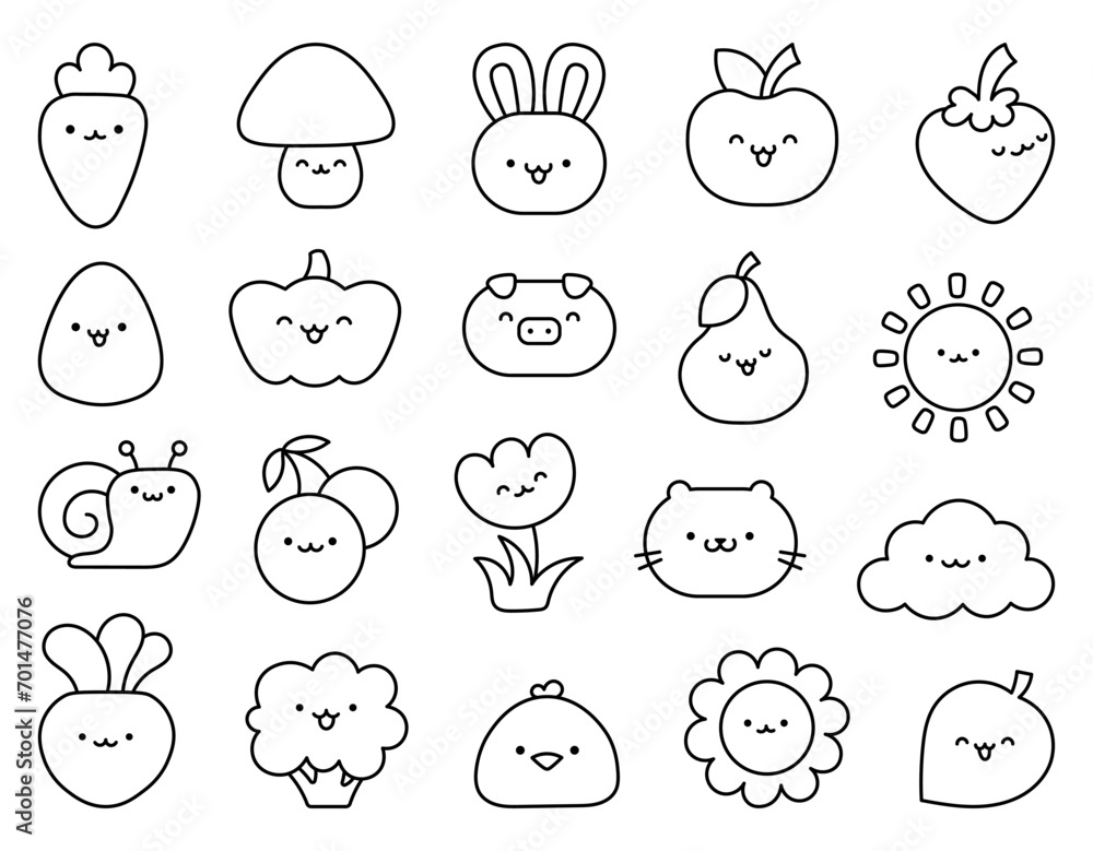 Kawaii cartoon farm characters. Coloring Page. Cute animals, nature, vegetables, fruits, flowers. Hand drawn style. Vector drawing. Collection of design elements. Kawaii cartoon farm characters. Coloring Page. Cute animals, nature, vegetables, fruits, flowers. Hand drawn style. Vector drawing. Collection of design elements.