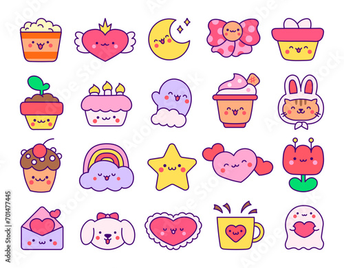 Cartoon cute happy kawaii characters. Lifestyle. Hand drawn style. Vector drawing. Collection of design elements.