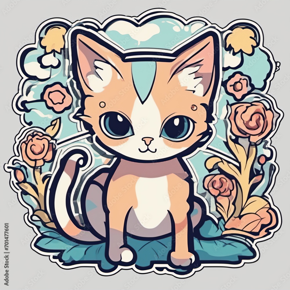 Kitten sticker with floral accents in a cloud