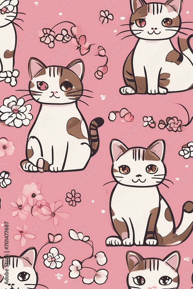 Playful Cats and Flowers Pattern on Pink Playful Cats and Flowers Pattern on Pink