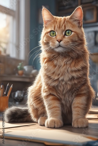 Majestic ginger cat on artist's desk