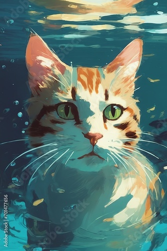 Ginger cat in clear water with fish, serene expression