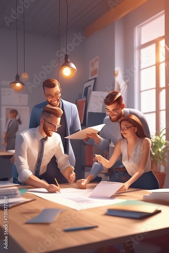 Collaborative office team strategizing with sunny backdrop