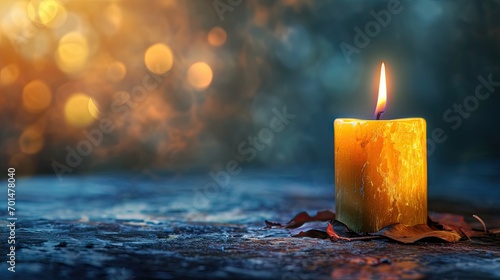 A blue backdrop with a yellow candle in it